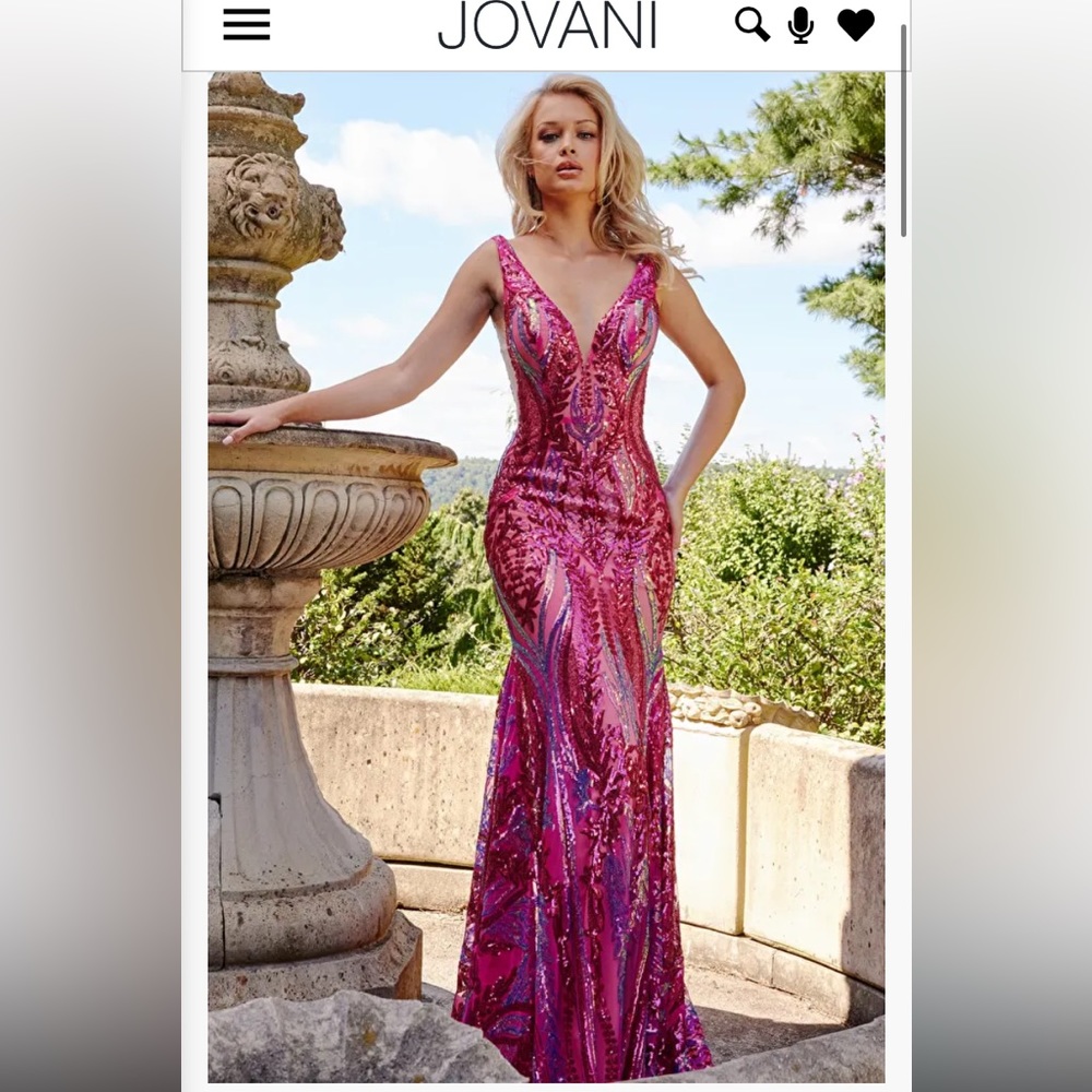 Jovani Iridescent Hot Pink Plunging Neck Sheath Dress - 22770, size 8